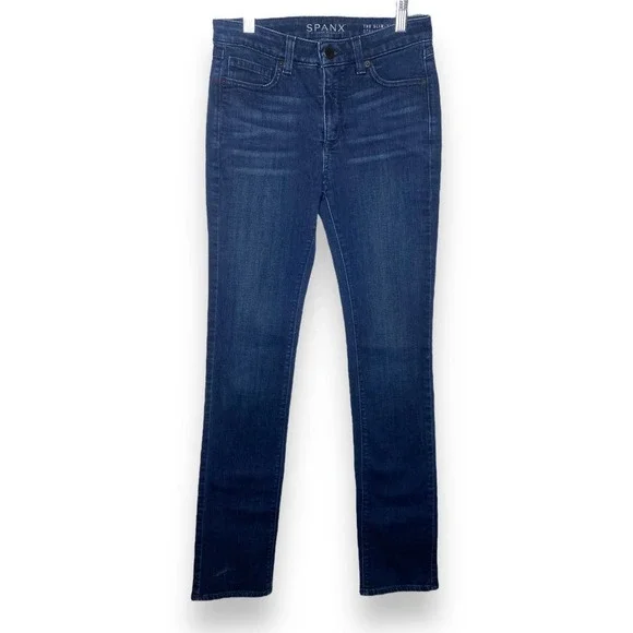 Spanx Slim X Straight Blue Mid rise Dark Wash Denim Jeans Size 25 - Picture 2 of 7
